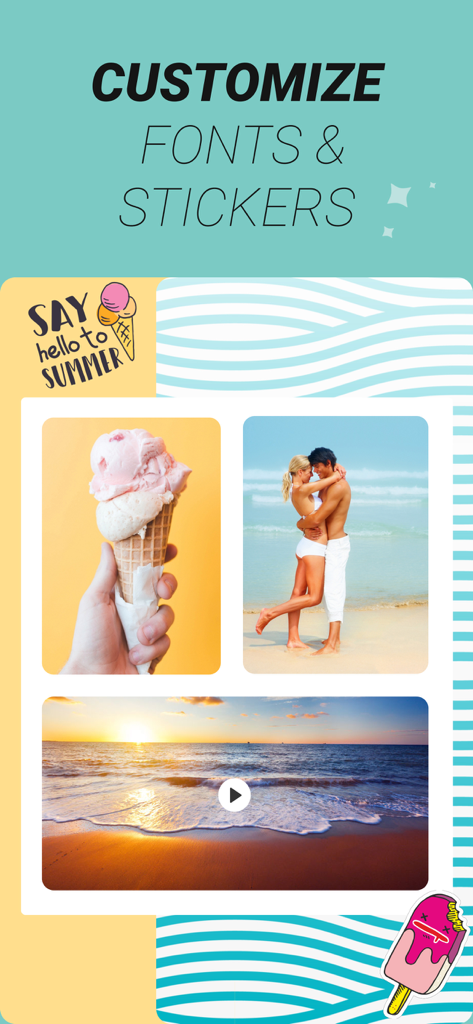 A summer-themed photo collage with custom fonts and stickers featuring beach and ice cream photos.