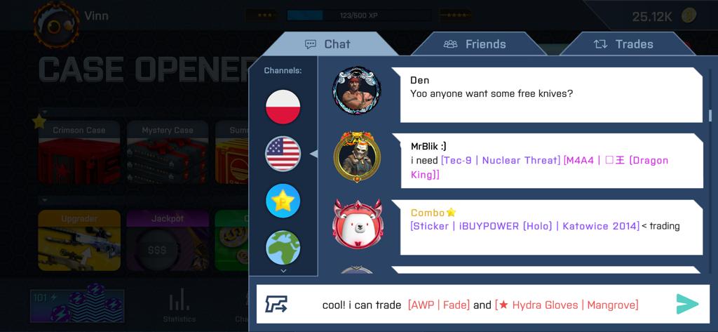 Una interfaz de chat dentro de la aplicación Case Opener donde los usuarios discuten e intercambian skins simuladas de Counter-Strike