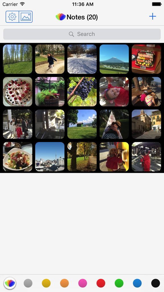 Ein visuelles Raster von Foto-Notizen und Farb-Kategorie-Filtern in der Benutzeroberfläche der all-in Notes App.