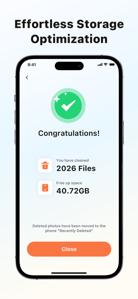 ClearPico:Clean Up Storage - ClearPico app showing 40 gigabytes of storage space successfully freed.