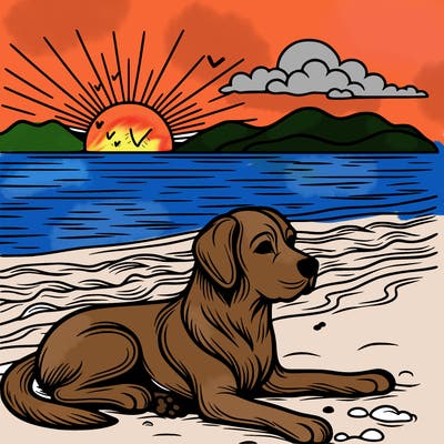 realistic dog sunset beach