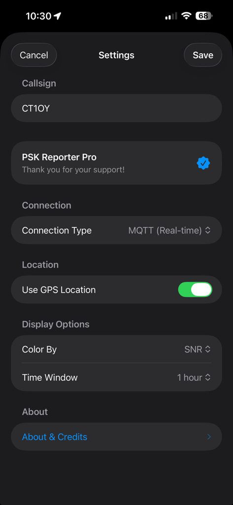 PSKReporter Client - Settings menu of the PSKReporter Client app displaying callsign entry, MQTT connection type, and GPS location toggle.
