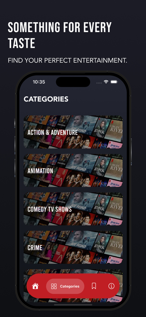 Screenshot of the Moviez app categories screen showing genres like Action and Adventure, Animation, and Comedy TV Shows.