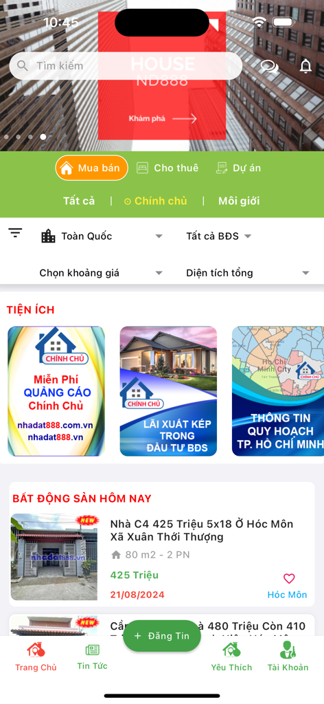 NhaDat888 - Nhà Đất Chính Chủ - NhaDat888 app interface showing real estate listings in Vietnamese