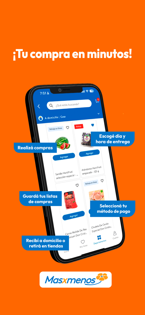 Masxmenos - Masxmenos mobile app interface showing grocery shopping features including delivery scheduling and payment methods