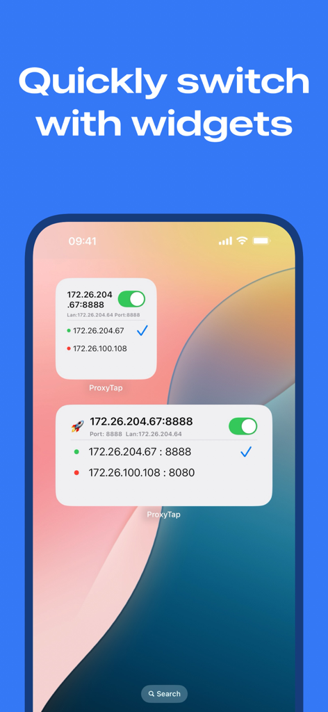 ProxyTap - iPhone home screen displaying ProxyTap widgets for quickly toggling between different LAN proxy configurations.