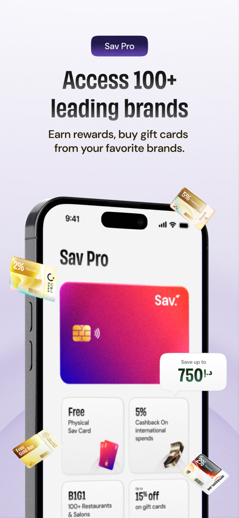 Sav Pro app screen showing cashback rewards gift card discounts and leading brand access
