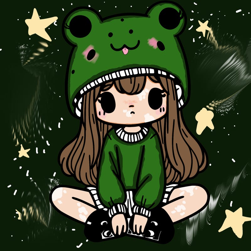 a girl wearing a frog hat and some frog socks