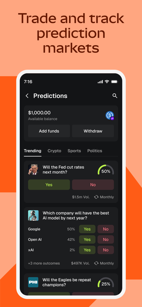 MetaMask: Crypto & Web3 Wallet - MetaMask 앱 화면에 금융, 기술, 스포츠 예측 시장이 표시되고 거래 옵션이 있음