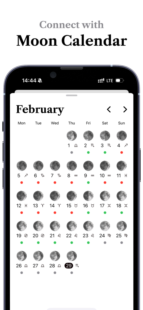 Luna: Your Moon Calendar - Ein Smartphone, das die monatliche Mondkalender-App von Luna für Februar mit Mondphasen und Sternzeichen anzeigt