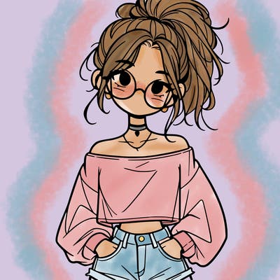 girl with a messy ponytail glasses a baggy crop top and jean shorts