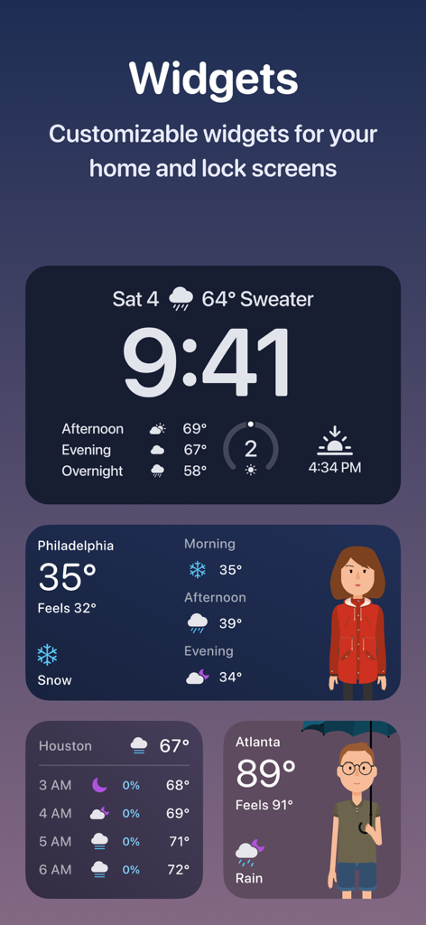 Weather Fit: Wearing Smart - A showcase of customizable weather widgets for home and lock screens featuring outfit suggestions and personalized avatars