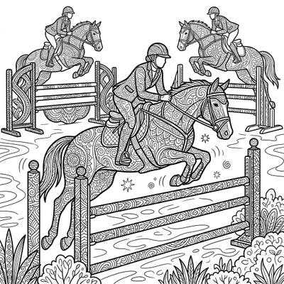 Saddle up for a unique artistic journey with our Zentangle Show Jumpers coloring page. This intricate design brings the elegance of equestrian sport together with the meditative beauty of Zentangle art.
