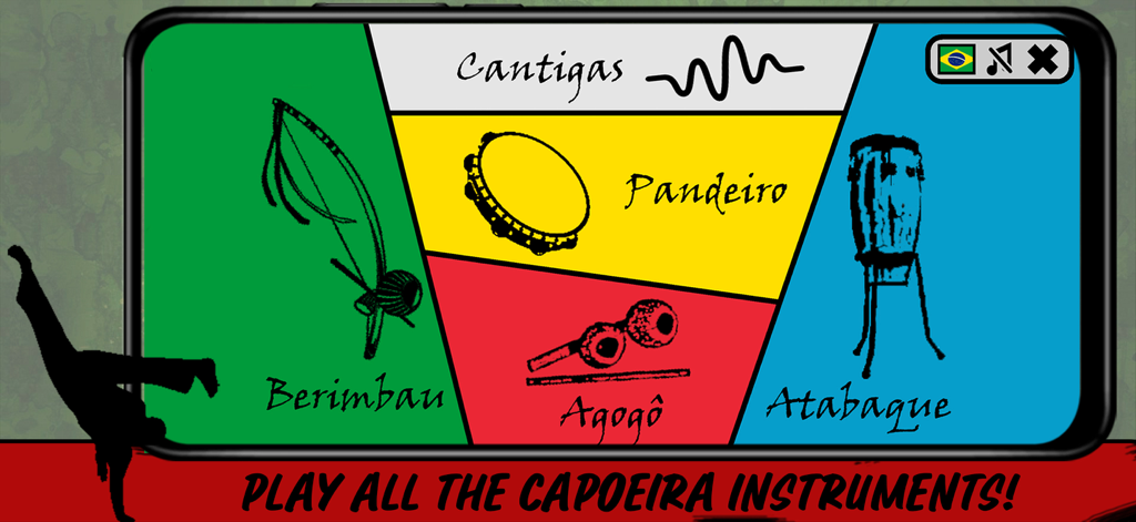 Main screen of the Capoeira Instruments app showing Berimbau Pandeiro Agogo and Atabaque instrument selection