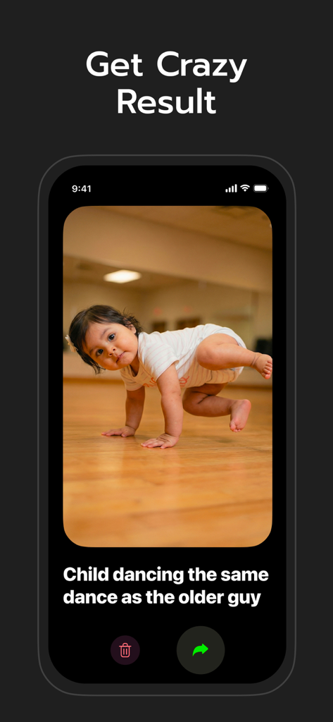 Motion Control AI Video - Ein Screenshot der Motion Control AI App, der zeigt, wie ein Baby eine Tanzbewegung ausführt, die aus einem Foto generiert wurde.