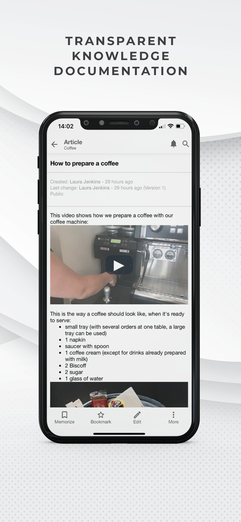 hotelkit - A mobile app screen for hotel staff showing a digital guide on how to prepare coffee