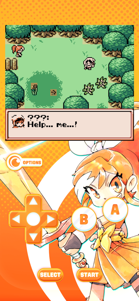 Crunchyroll: Hime’s Quest - キャラクターのダイアログボックスと画面上のゲームコントローラーボタンを示す、Crunchyroll Hime's Questのレトロピクセルアートゲームプレイ。