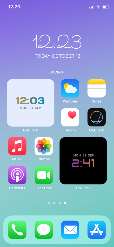 OnClock - Widget - Tela inicial do iPhone personalizada com widgets OnClock estilizados com fontes de designer e gradientes de cores