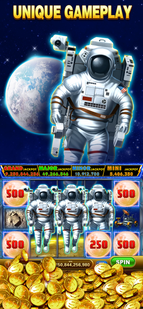 Slots Riches - Casino Slots - Space themed slot machine game with an astronaut character and gold coin winnings