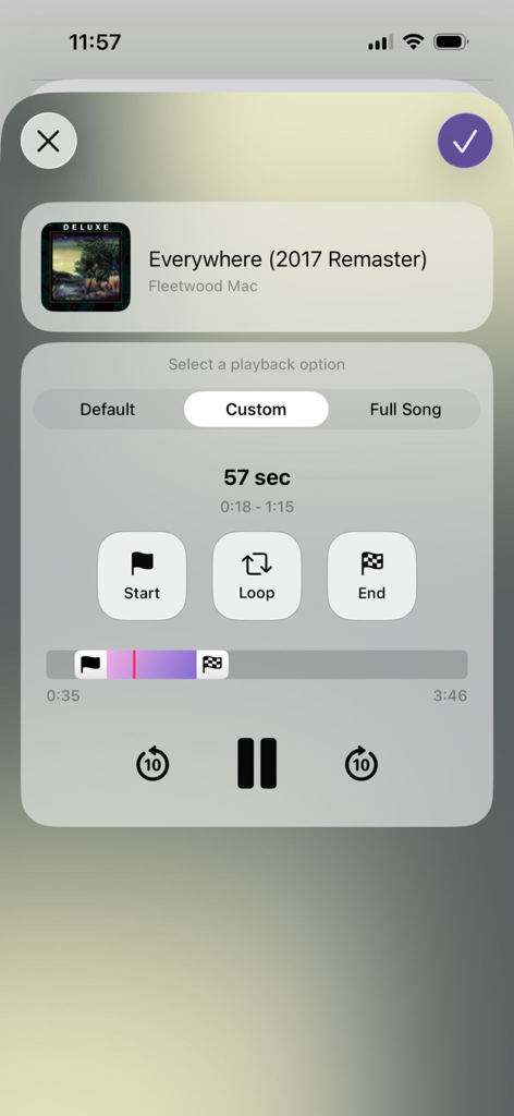 Shuffle Music Bingo - Game - Interface of the Shuffle Music Bingo app for customizing song playback duration and start and end points