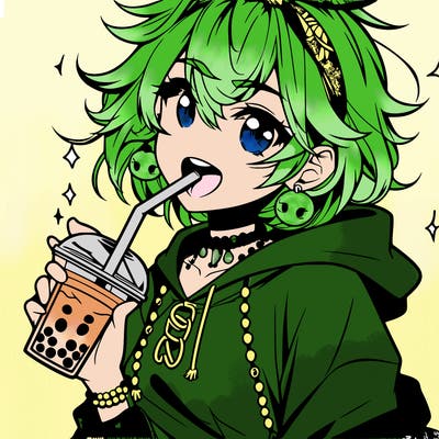 hot baddie anime girl drinking boba and biting the straw