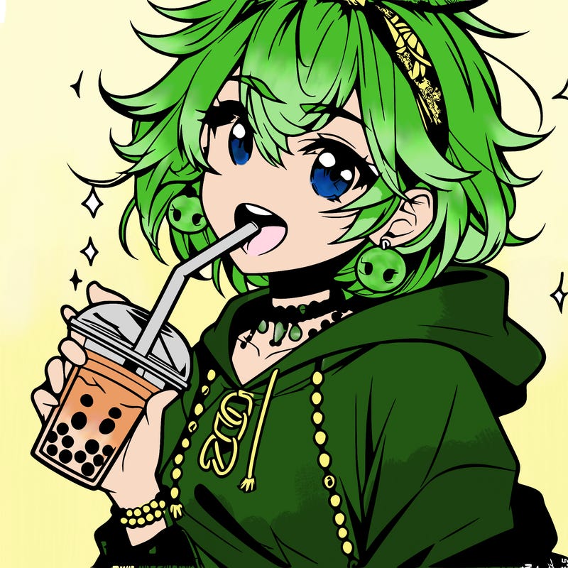 hot baddie anime girl drinking boba and biting the straw
