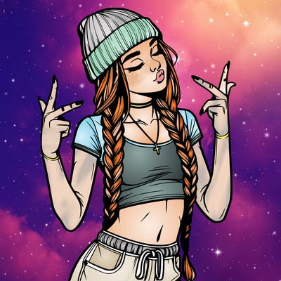 realistic teenage girl with braids and a beanie and crop top doing 🫶🏼