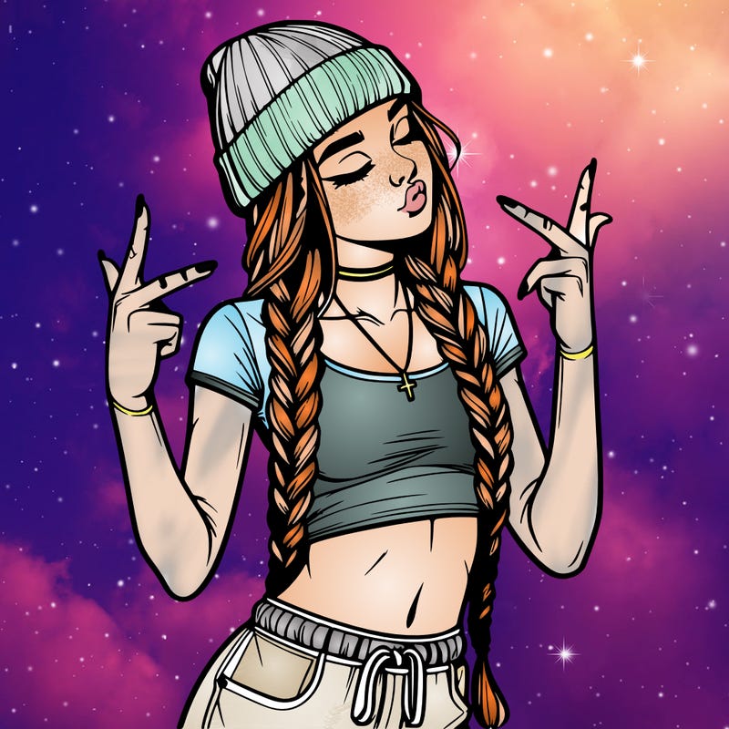realistic teenage girl with braids and a beanie and crop top doing 🫶🏼