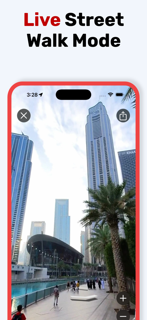 Interface of the app showing the live street walk mode with a 3D view of city skyscrapers