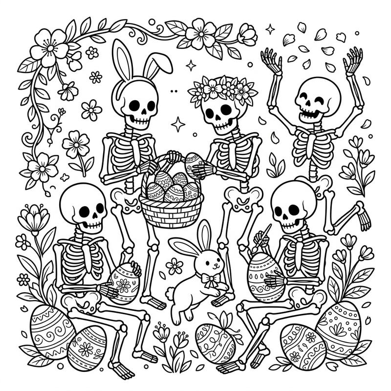 Discover a delightfully eerie twist on traditional holiday fun with our Human Skeletons x Easter coloring page. Join these whimsical skeletons as they celebrate the spring festivities, complete with decorated eggs, bunnies, and blooming flowers.
