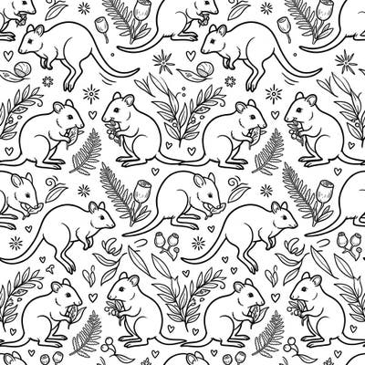 Explore the delightful world of Australian potoroos with this intricate seamless pattern coloring page, perfect for all ages. Uncover these shy marsupials as they hop and forage amidst native plants, ready for your creative touch.