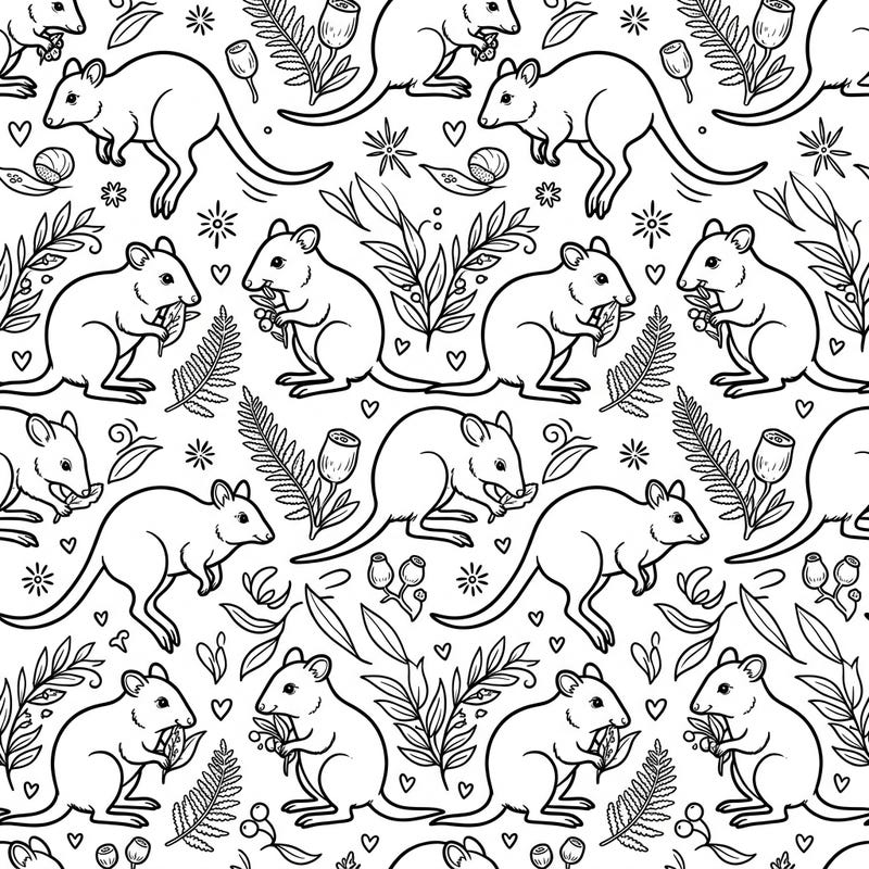 Explore the delightful world of Australian potoroos with this intricate seamless pattern coloring page, perfect for all ages. Uncover these shy marsupials as they hop and forage amidst native plants, ready for your creative touch.