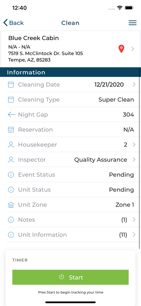 Mobile app interface showing cleaning task details for a property including a start timer button