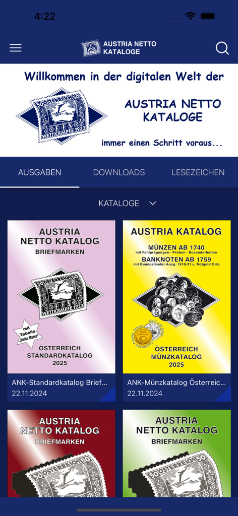 ANK Austria Netto Kataloge mobile app screen showing a selection of digital stamp and coin catalogs