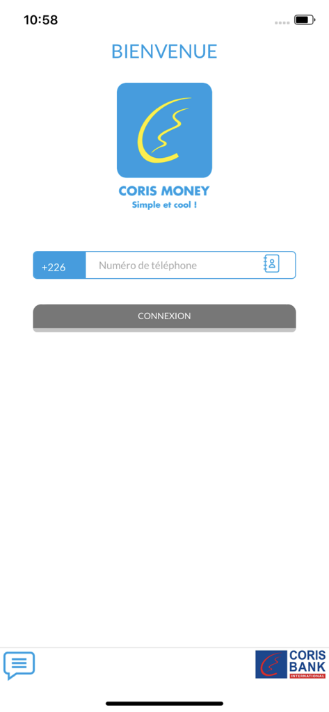 Coris Money V2 - Coris Money V2アプリのログインページ。電話番号のログインフィールドが表示されています。
