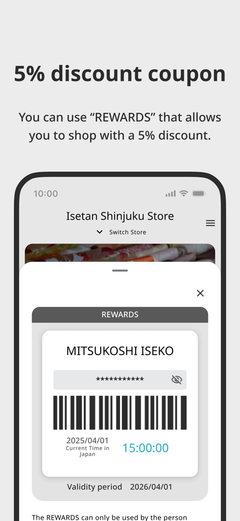 Mitsukoshi Isetan Japan app screenshot showing a five percent discount rewards coupon with a barcode for international shoppers