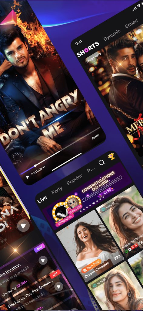 DramaTadka - Shorts & Live - Collage of mobile screens showing DramaTadka app features including short drama series and live social video calls