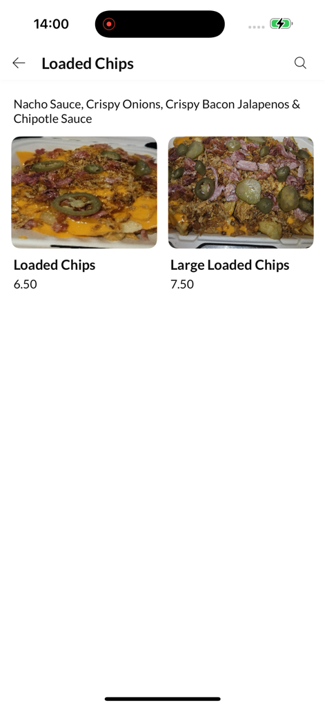 Willy's Plaice - Écran de menu de l'application mobile Willy's Plaice montrant des portions régulières et grandes de frites chargées avec des garnitures