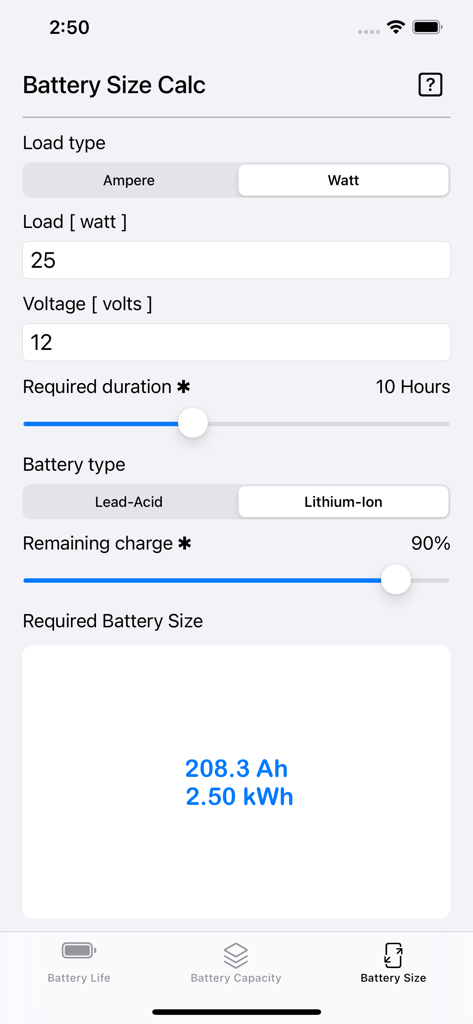 Battery Size Calculator app interface showing required capacity calculation for lithium ion batteries