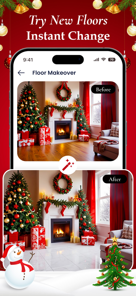 AI Design - Home Interior - Before and after comparison of a festive living room floor makeover from wood to white marble tile using AI Design