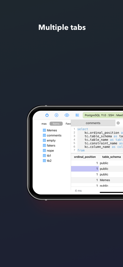 TablePlus mobile app interface showing multiple tabs and SQL query editor