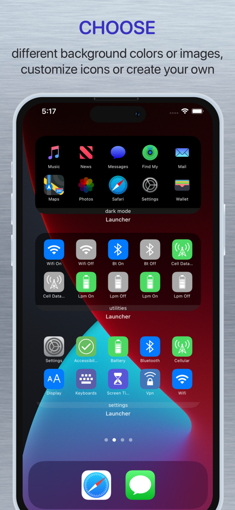 Launcher with Multiple Widgets - iPhone home screen with customized launcher widgets for apps, system utilities, and settings.