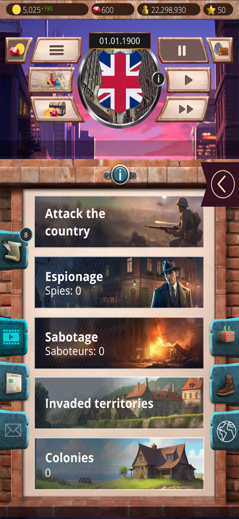 20th c 1 – President Simulator - Interface of a strategy game showing military and espionage options for a country