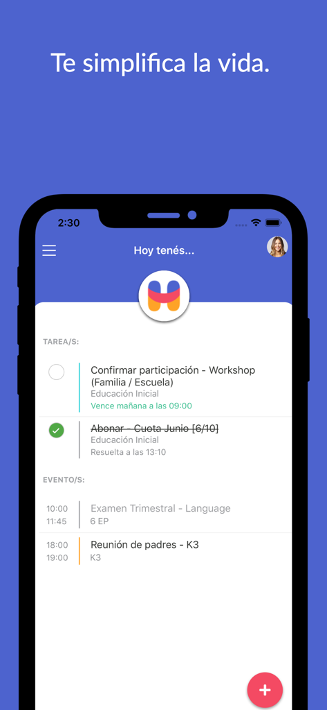 Handing - Mobile dashboard of the Handing app showing a daily schedule with school tasks and events for parents