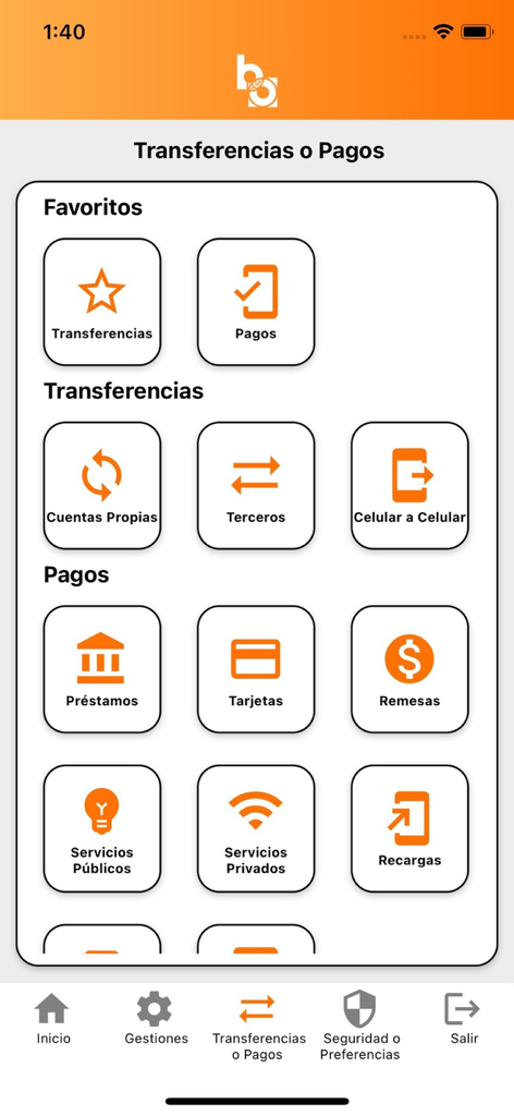 OCCIDENTE MÓVIL - Occidente Movil banking app menu for transfers and payments