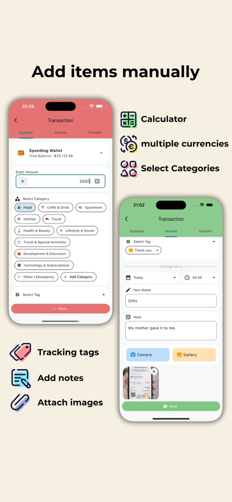 NoteMoney app interface showing manual expense entry with category selection and photo attachments.