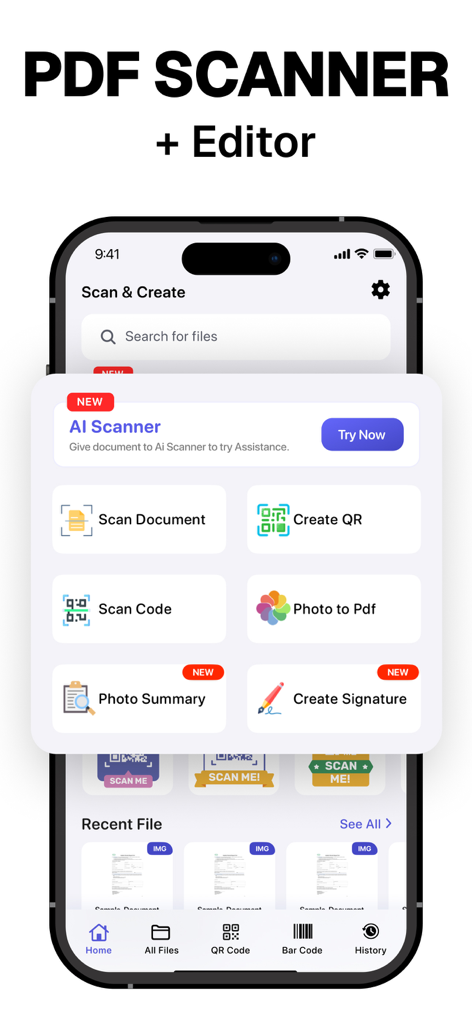 PDF Scanner ~ Scan Document - Home screen of PDF Scanner app featuring document scanning, signature creation, and QR code tools