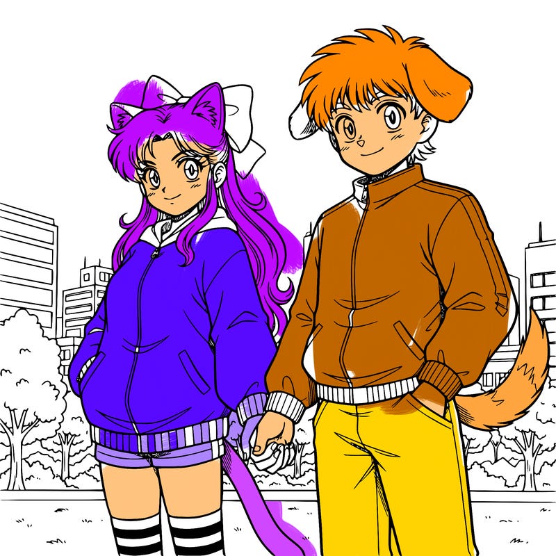 a anima cat girl and dog boy holding hands