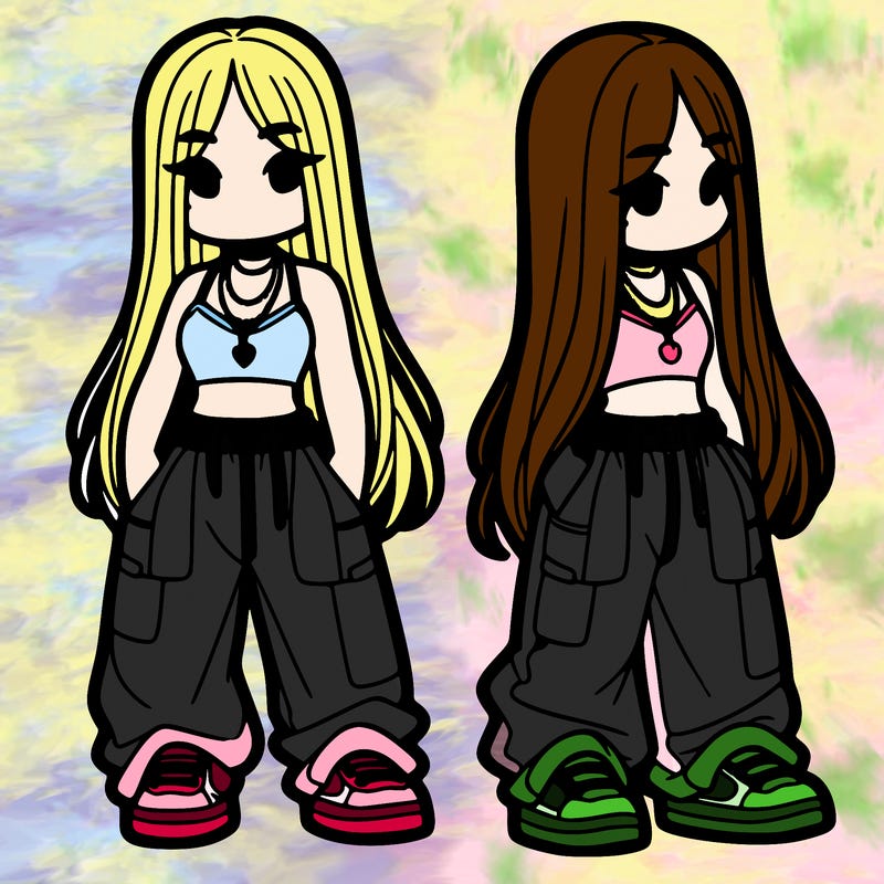 girl in baggy pants crop top and long hair