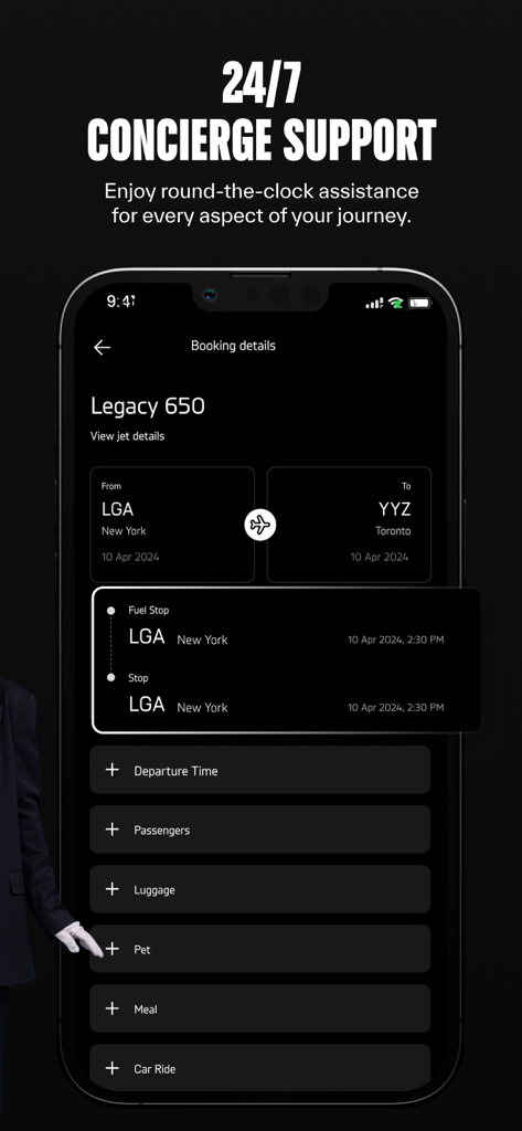 Jettly Private Jet Charter - Jettly app interface showing 24/7 concierge support and booking details for a private jet charter.